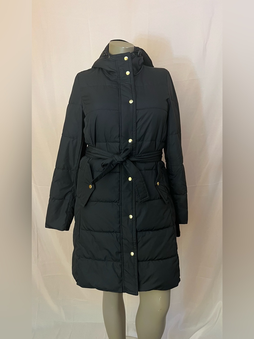 J. Crew Black Hooded Belted Puffer Coat parka jacket